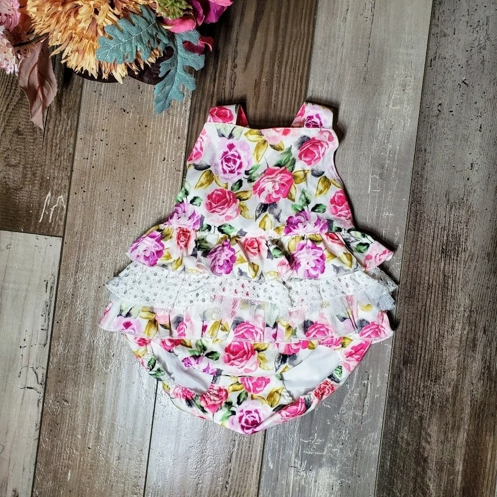 Rare Editions White, Pink, Purple Floral Lace Baby Bodysuit Bubble Romper NWOT